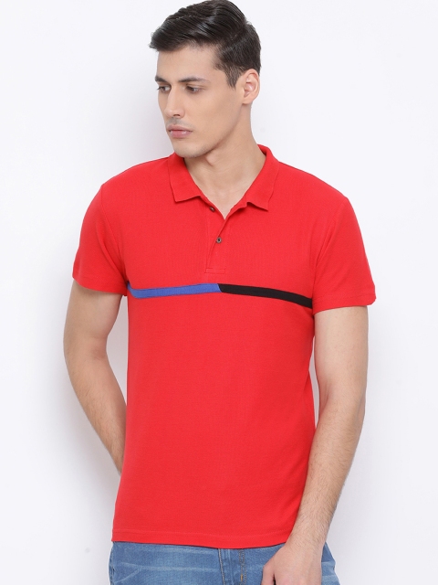 

REALM Men Coral Red Solid Polo Collar T-shirt
