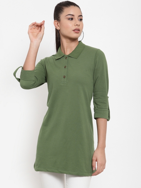 

Kalt Women Olive Green Solid Polo Collar Longline T-shirt