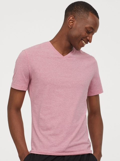 

H&M Men Pink Solid V-Neck T-shirt Slim Fit