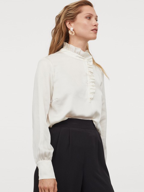 

H&M Women White Solid Frill-Trimmed Blouse