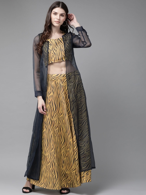

AKS Women Yellow & Charcoal Printed Top with Skirt