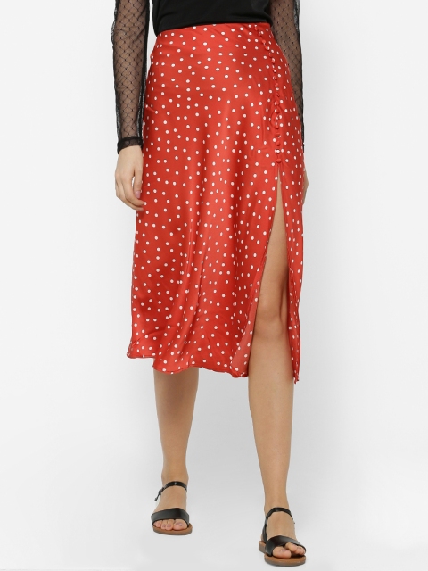 

FOREVER 21 Women Red & White Satin Polka Dot A-Line Straight Skirt