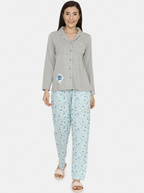 

Zivame Women Grey & Blue Solid Night suit