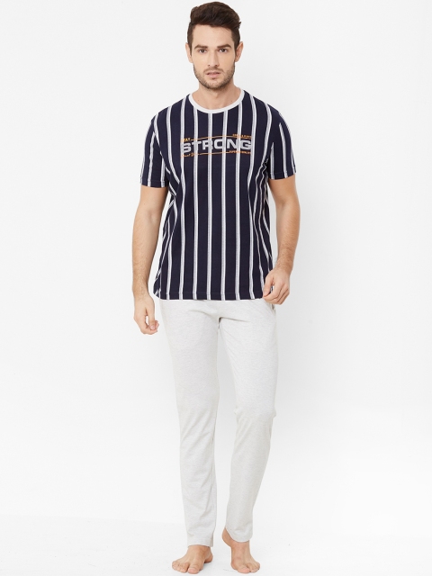 

Sweet Dreams Men Navy Blue & Grey Melange Pure Cotton Striped Night Suit