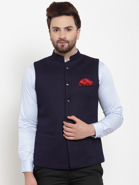 

MAXENCE Men Navy Blue Solid Nehru Jacket with Pocket Square