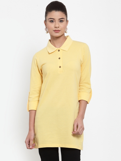 

Kalt Women Yellow Solid Polo Neck Tunic