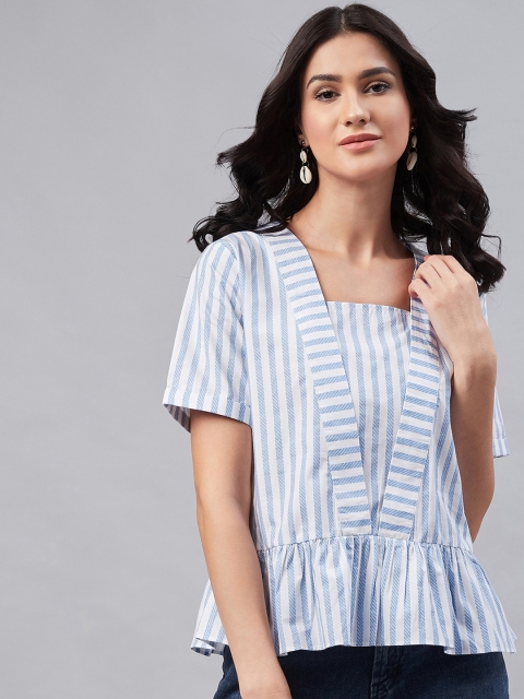 

RARE Women Off-White & Blue Striped Peplum Top