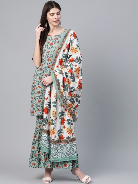 

AKS Women Green & Orange Printed Kurta with Sharara & Dupatta