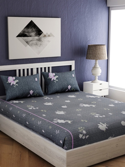 

EverHOME Grey & White Floral 210 TC Cotton 1 Queen Bedsheet with 2 Pillow Covers