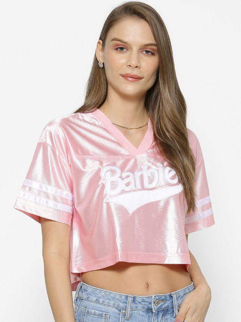 

FOREVER 21 Women Pink & White Barbie Printed Boxy Top