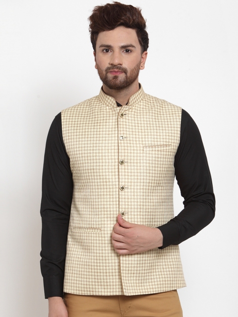 

MAXENCE Men Beige Slim Fit Checked Nehru Jacket
