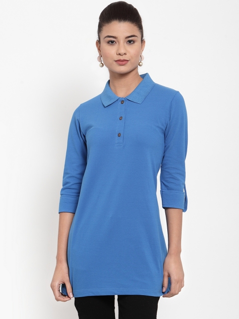 

Kalt Women Blue Solid Polo Collar Longline T-shirt
