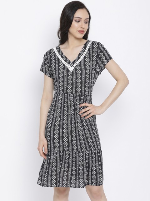 

Oxolloxo Women Black Printed A-Line Dress