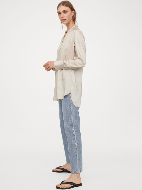 

H&M Women Beige Solid Long Satin Blouse