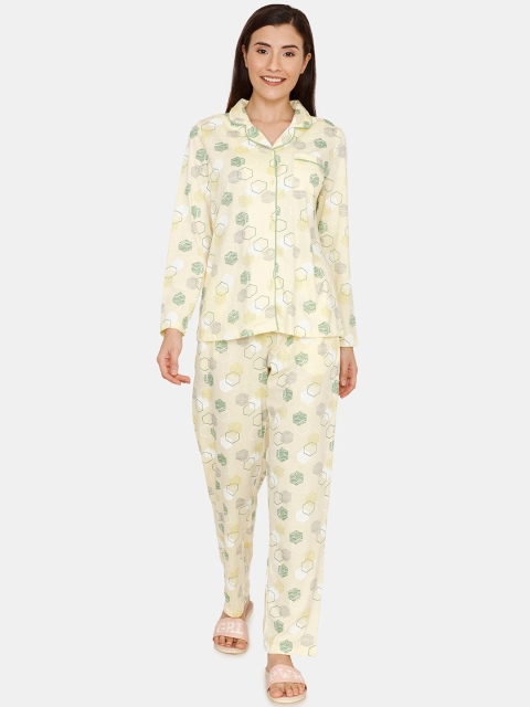 

Zivame Women Yellow & Sea Green Printed Night suit
