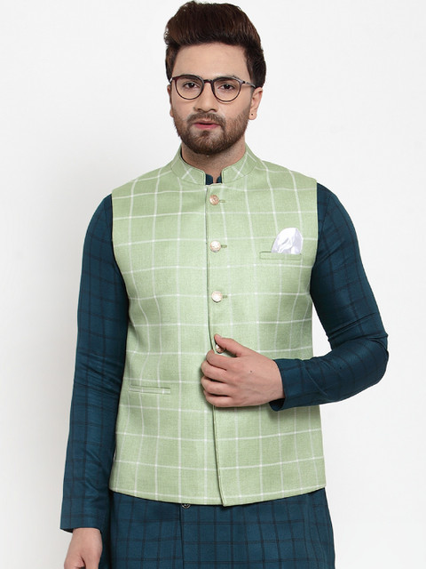 

MAXENCE Men Sea Green And White Striped Nehru Jacket