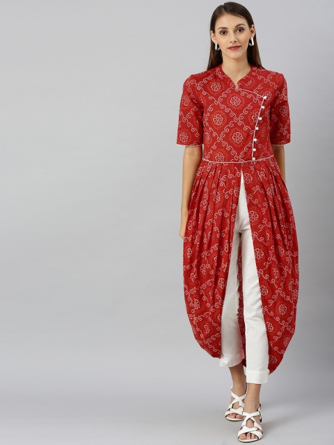 

AKS Women Red & White Embellished A-Line Kurta