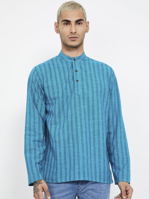 Melange by Lifestyle Men Turquoise Blue Striped Straight Kurta