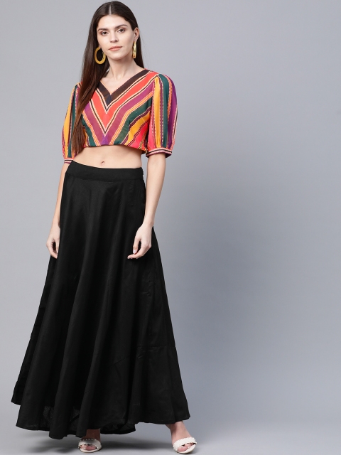 

AKS Women Orange & Black Printed Top with Skirt