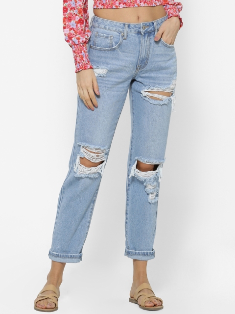 

FOREVER 21 Women Blue Regular Fit Mid-Rise Highly Distressed Stretchable Boyfriend Jeans