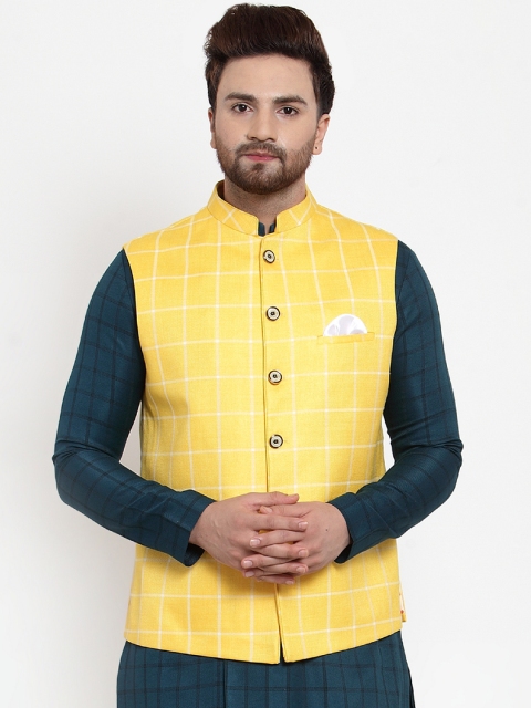 

MAXENCE Men Yellow Checked Nehru Jacket With Pocket Square