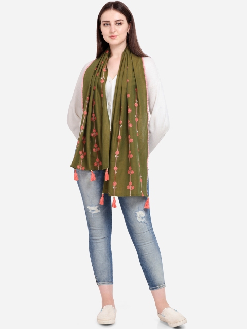 

Mesmora Women Olive Green & Peach-Coloured Embroidered Stole