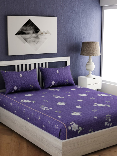 

EverHOME Purple Floral 210 TC Cotton 1 Queen Bedsheet with 2 Pillow Covers