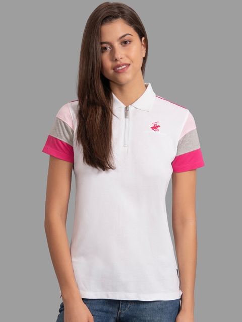 

Beverly Hills Polo Club Women White Solid Polo Collar T-shirt