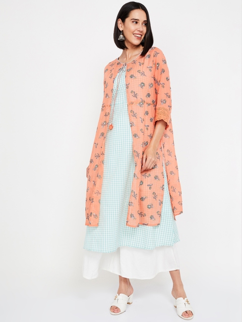 

Melange by Lifestyle Women Coral Orange & Blue Checked Straight Kurta With Jacket