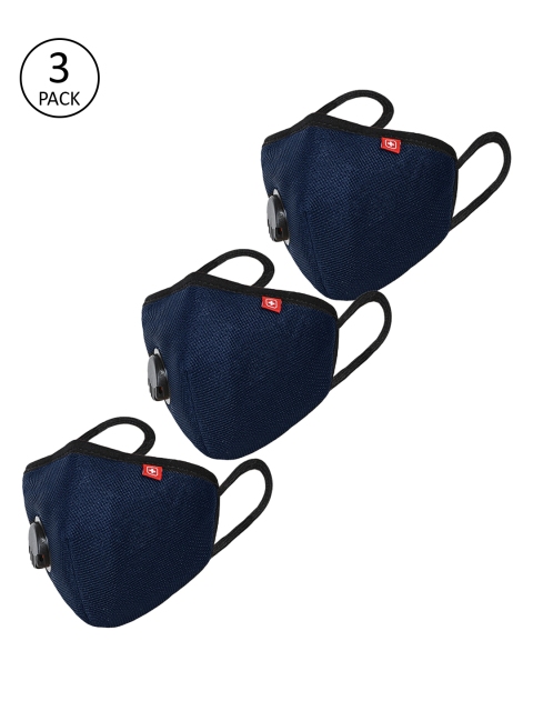 

SWISS MILITARY Kids Pack of 3 Blue Solid 3-Ply Reusable Valved A95+ Masks