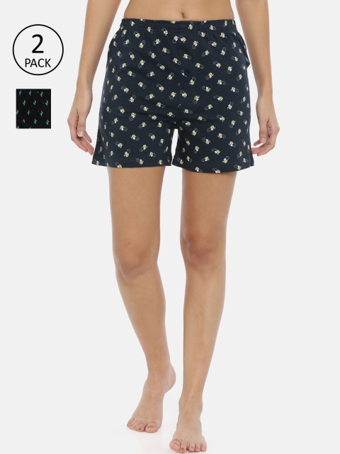 

Curare Women Pack Of 2 Black & Green Printed Lounge Shorts