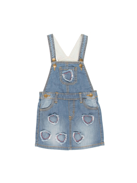 Donuts Girls Blue Washed Heart Appliqued Denim Pinafore Dress