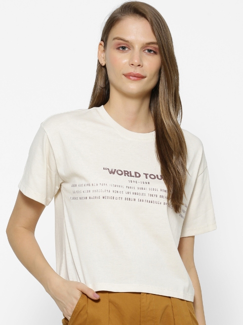 

FOREVER 21 Women Cream-Coloured World Tour Graphic Top