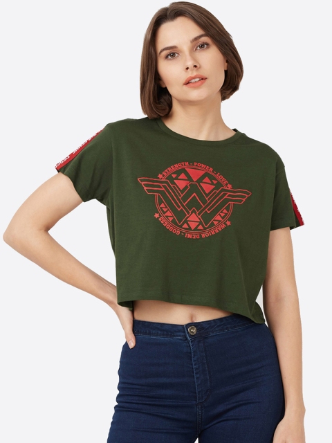 

Free Authority Women Olive Green & Red Wonder Woman Print Crop Top