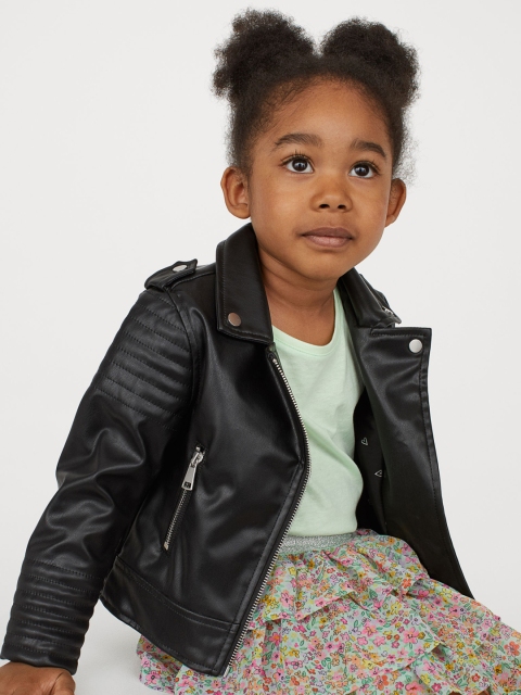 

H&M Girls Black Solid Biker Jacket