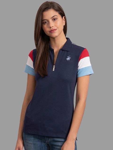 

Beverly Hills Polo Club Women Navy Blue Solid Polo Collar T-shirt