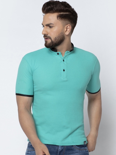 

Aesthetic Bodies Men Sea Green Solid Henley Neck T-shirt