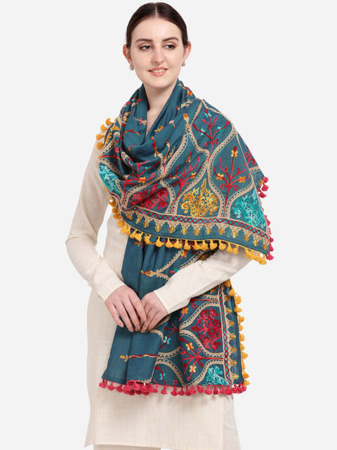 

Mesmora Women Teal Blue & Red Embroidered Cotton Dupatta