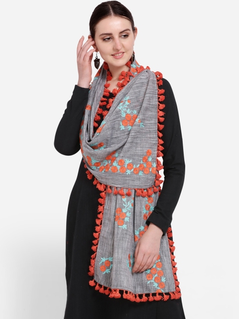 

Mesmora Women Grey & Orange Embroidered Stole