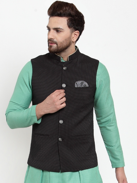

MAXENCE Men Black Solid Nehru Jacket & Pocket Square