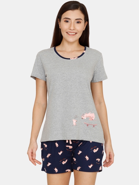 

Zivame Women Grey & Navy Blue Mouse Print Shorts Set