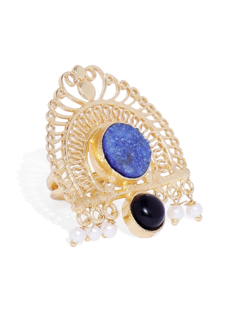 

Golden Peacock Gold-Plated Blue & Black Druzy-Studded Beaded Finger Ring