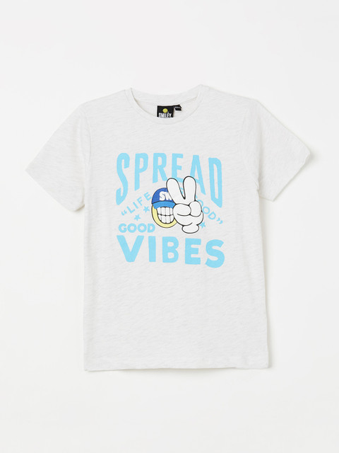 

Smiley World Boys Off-White & Blue Printed Round Neck T-shirt