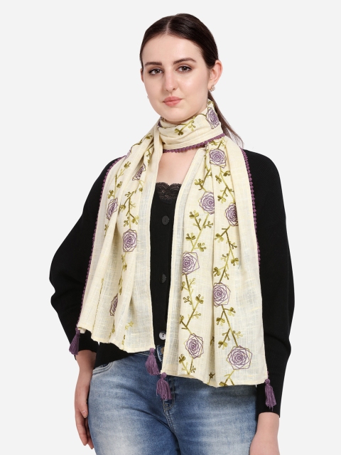 

Mesmora Women Cream-Coloured & Purple Embroidered Stole