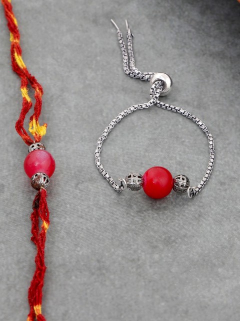 

Yellow Chimes Unisex Pack Of 2 German Silver Gold-Plated Handcrafted Rakhis, Red