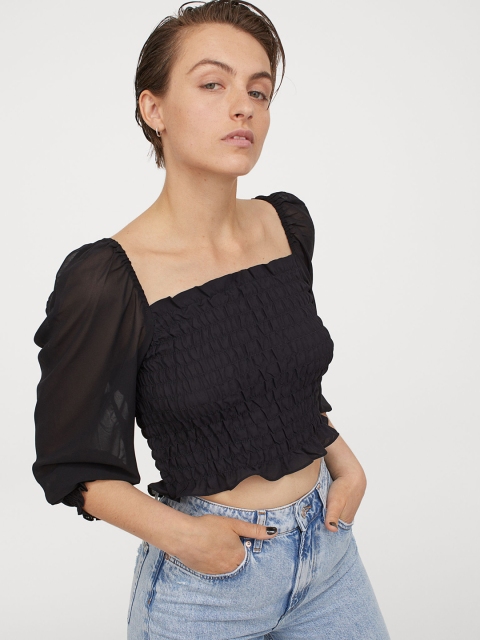 

H&M Women Black Short Smocked Blouse