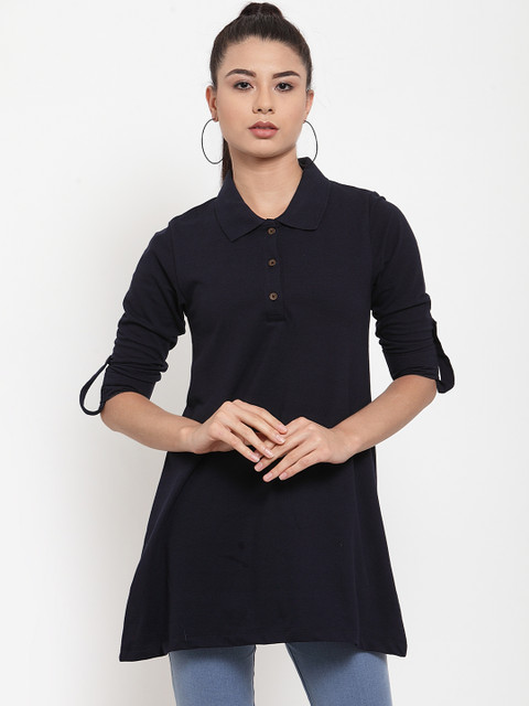 

Kalt Women Navy Blue Solid Polo Neck Tunic