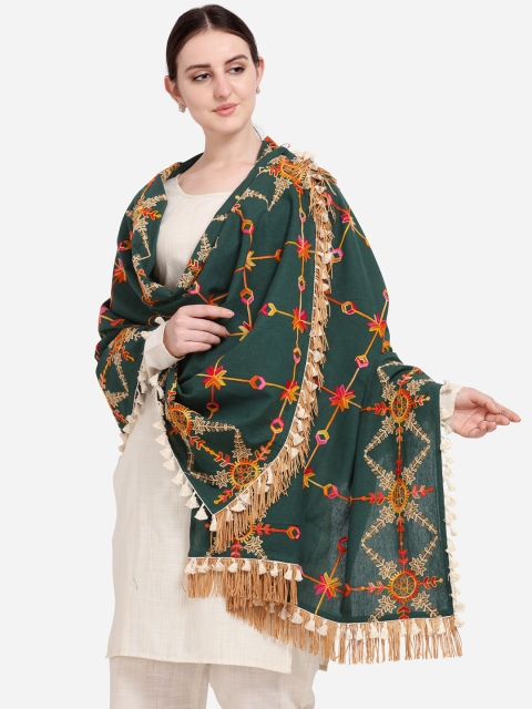 

Mesmora Women Green & Orange Embroidered Cotton Dupatta