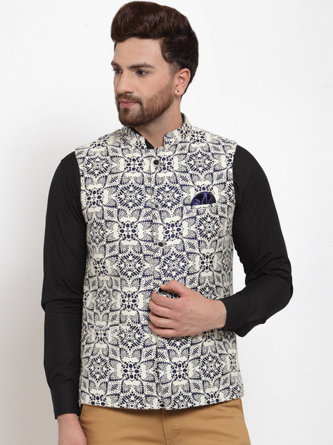 

MAXENCE Men White & Navy Blue Woven Design Nehru Jacket