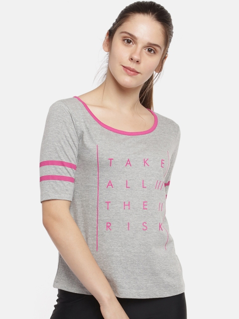 

Ajile by Pantaloons Women Grey Pink Printed Round Neck Pure Cotton T-shirt